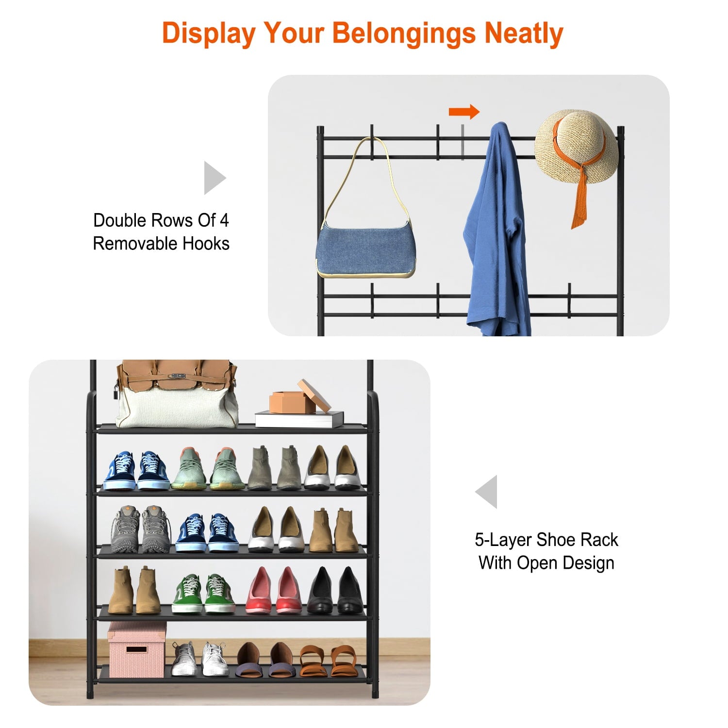 5 Tier Entryway Coat Hat Rack, Shoe Storage Shelf with 8 Hooks Clothes Shoe Organizer Combo