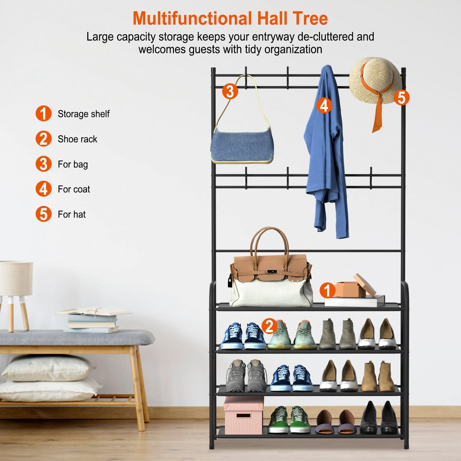 5 Tier Entryway Coat Hat Rack, Shoe Storage Shelf with 8 Hooks Clothes Shoe Organizer Combo
