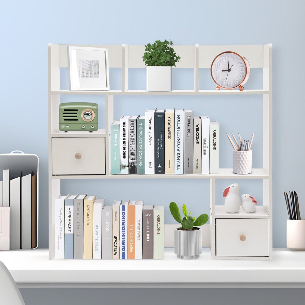 9 Compartments Desktop Bookshelf, White Home Office Desk Storage Organizer