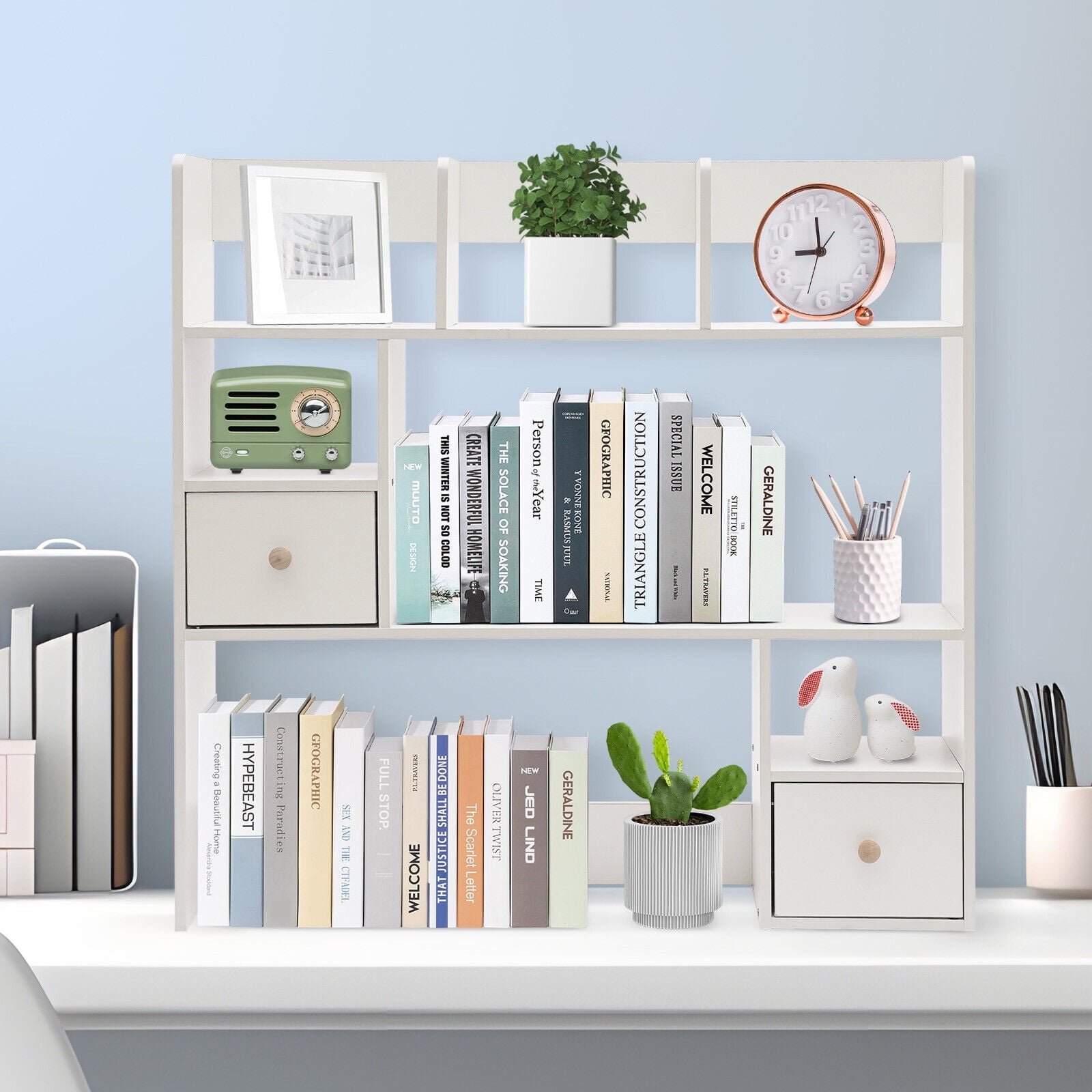9 Compartments Desktop Bookshelf, White Home Office Desk Storage Organizer