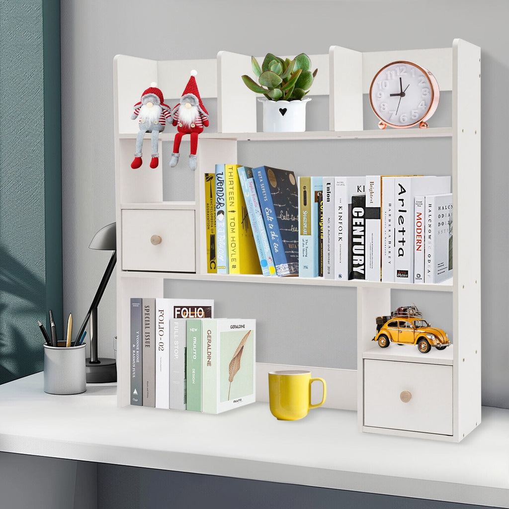 9 Compartments Desktop Bookshelf, White Home Office Desk Storage Organizer