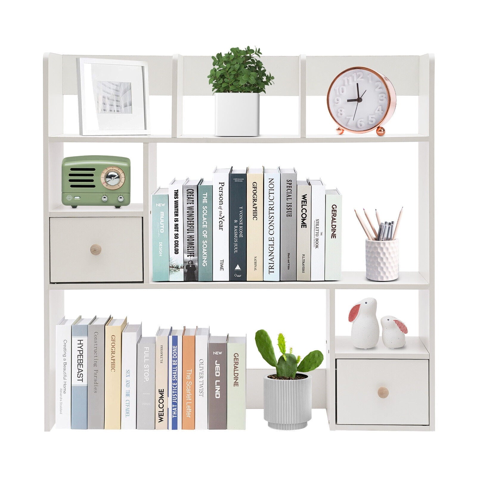 9 Compartments Desktop Bookshelf, White Home Office Desk Storage Organizer