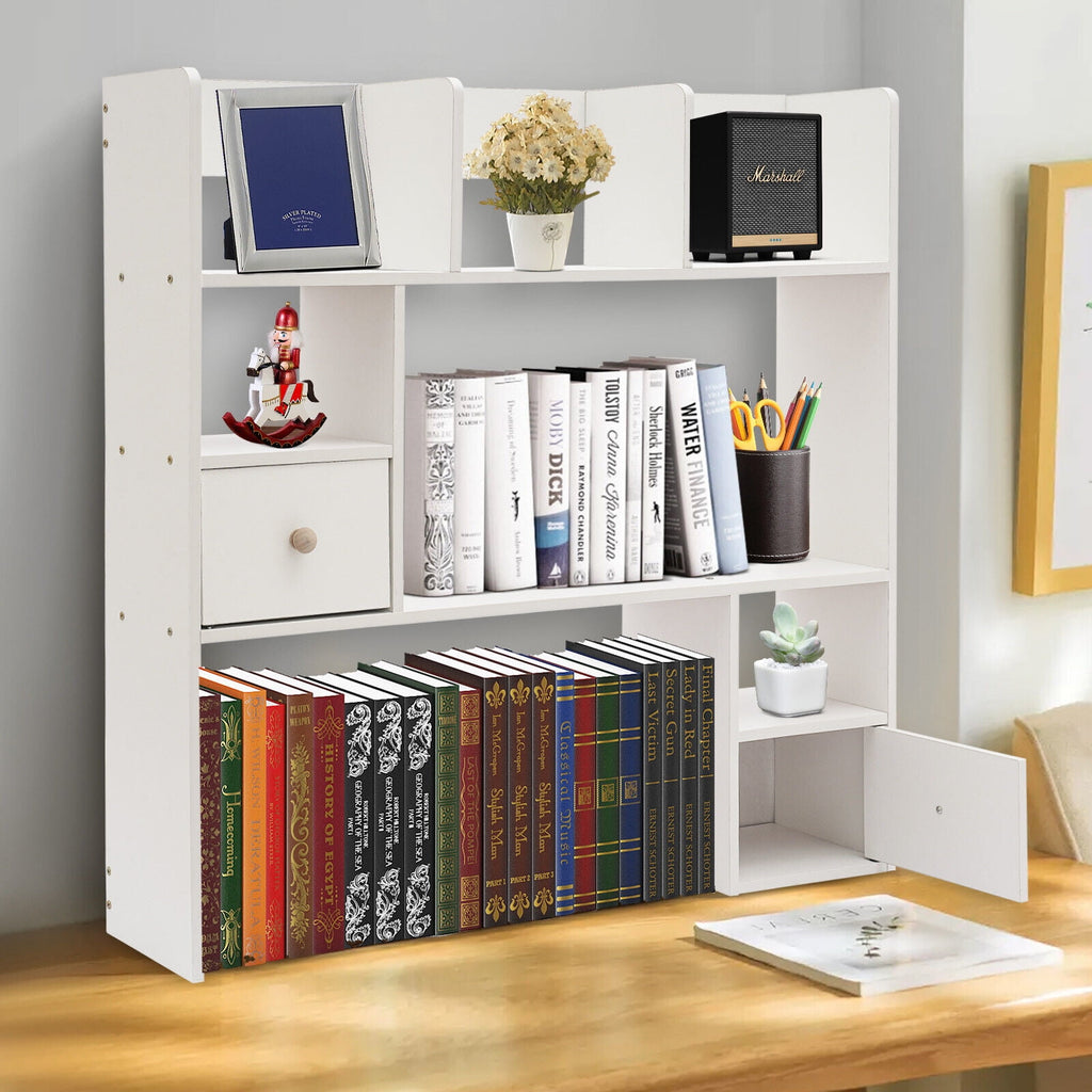 9 Compartments Desktop Bookshelf, White Home Office Desk Storage Organizer