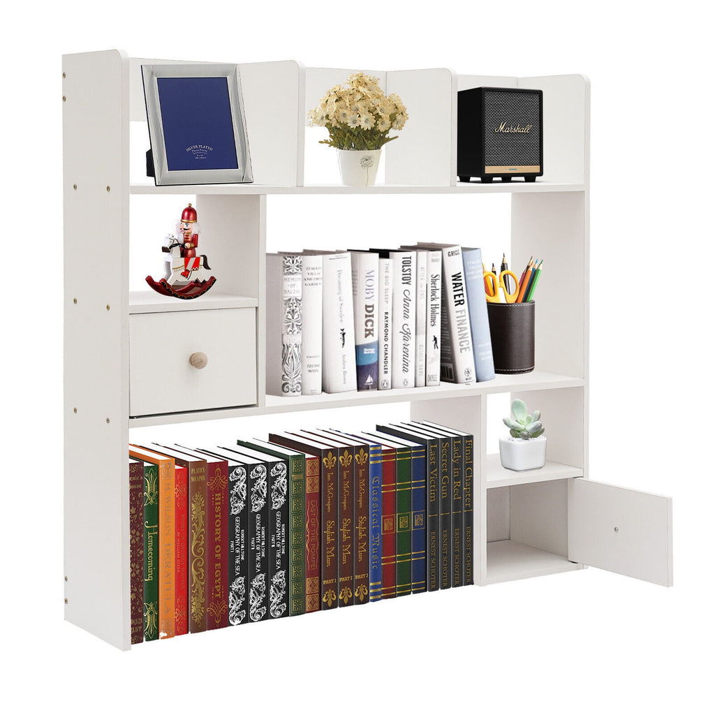 9 Compartments Desktop Bookshelf, White Home Office Desk Storage Organizer