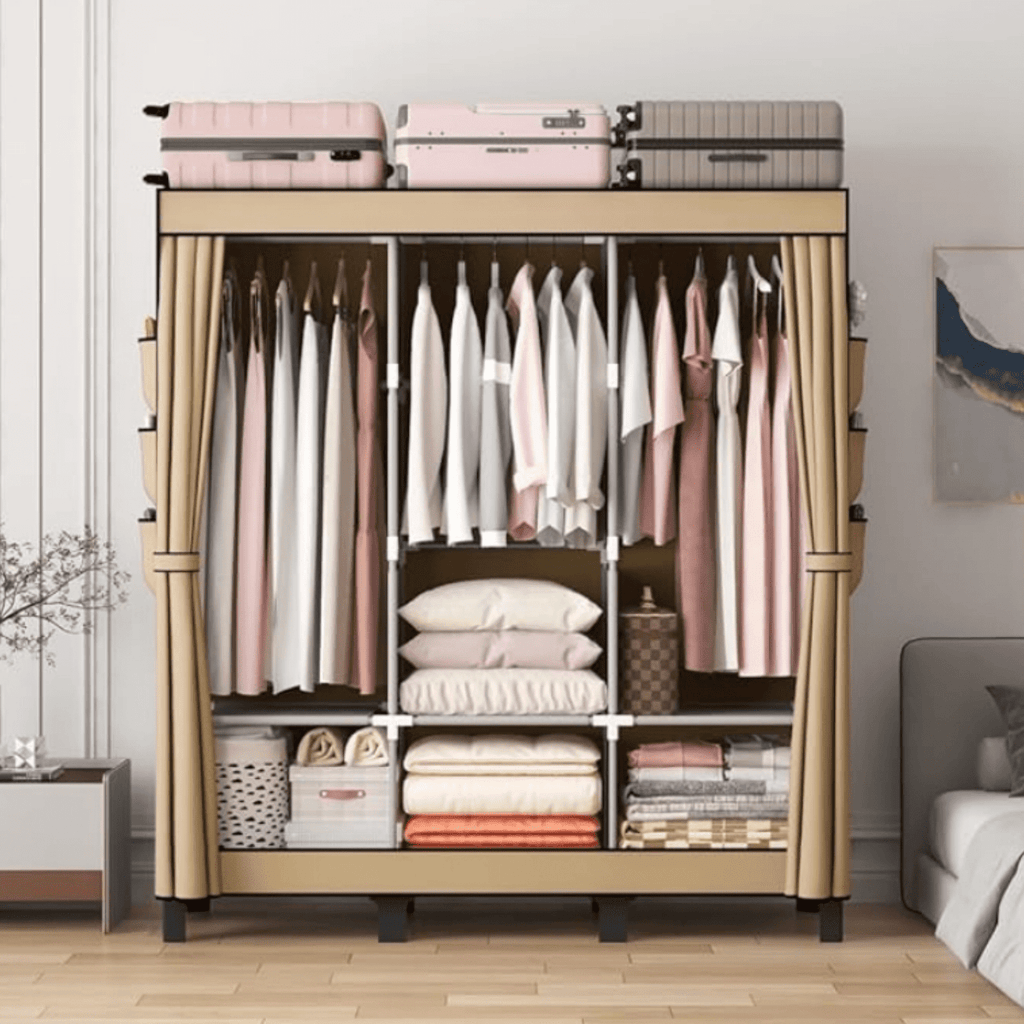 Clothes Storage Box, Simple Wardrobe for Hanging Clothes, Multiple Shelves and 3 booms,18 Side Pockets 51" W*17.7" D*67.7" H(Cream Colour)