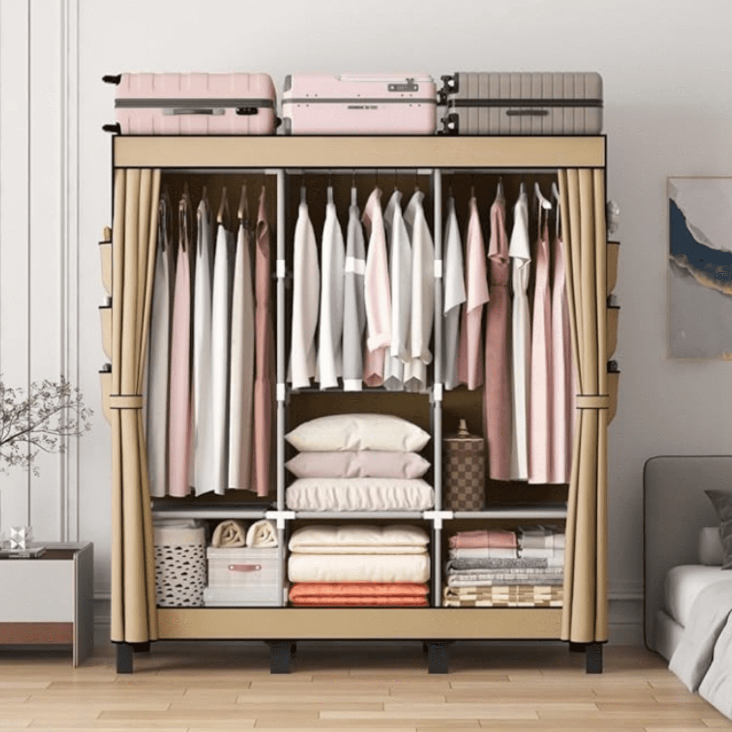 Clothes Storage Box, Simple Wardrobe for Hanging Clothes, Multiple Shelves and 3 booms,18 Side Pockets 51" W*17.7" D*67.7" H(Cream Colour)