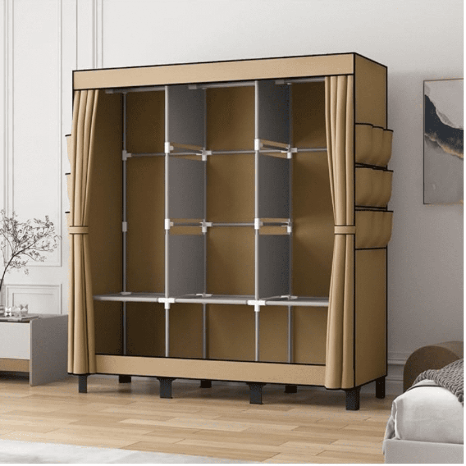 Clothes Storage Box, Simple Wardrobe for Hanging Clothes, Multiple Shelves and 3 booms,18 Side Pockets 51" W*17.7" D*67.7" H(Cream Colour)