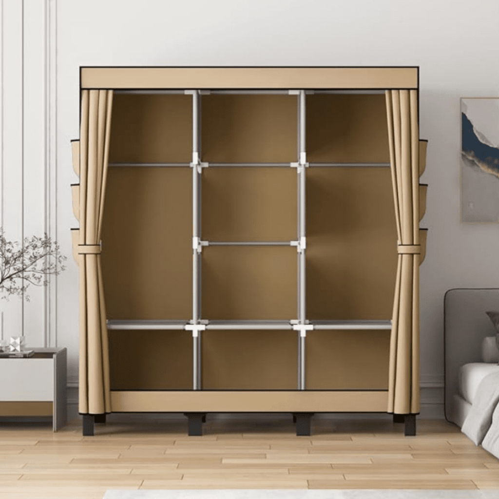 Clothes Storage Box, Simple Wardrobe for Hanging Clothes, Multiple Shelves and 3 booms,18 Side Pockets 51" W*17.7" D*67.7" H(Cream Colour)