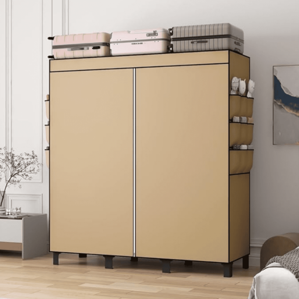 Clothes Storage Box, Simple Wardrobe for Hanging Clothes, Multiple Shelves and 3 booms,18 Side Pockets 51" W*17.7" D*67.7" H(Cream Colour)