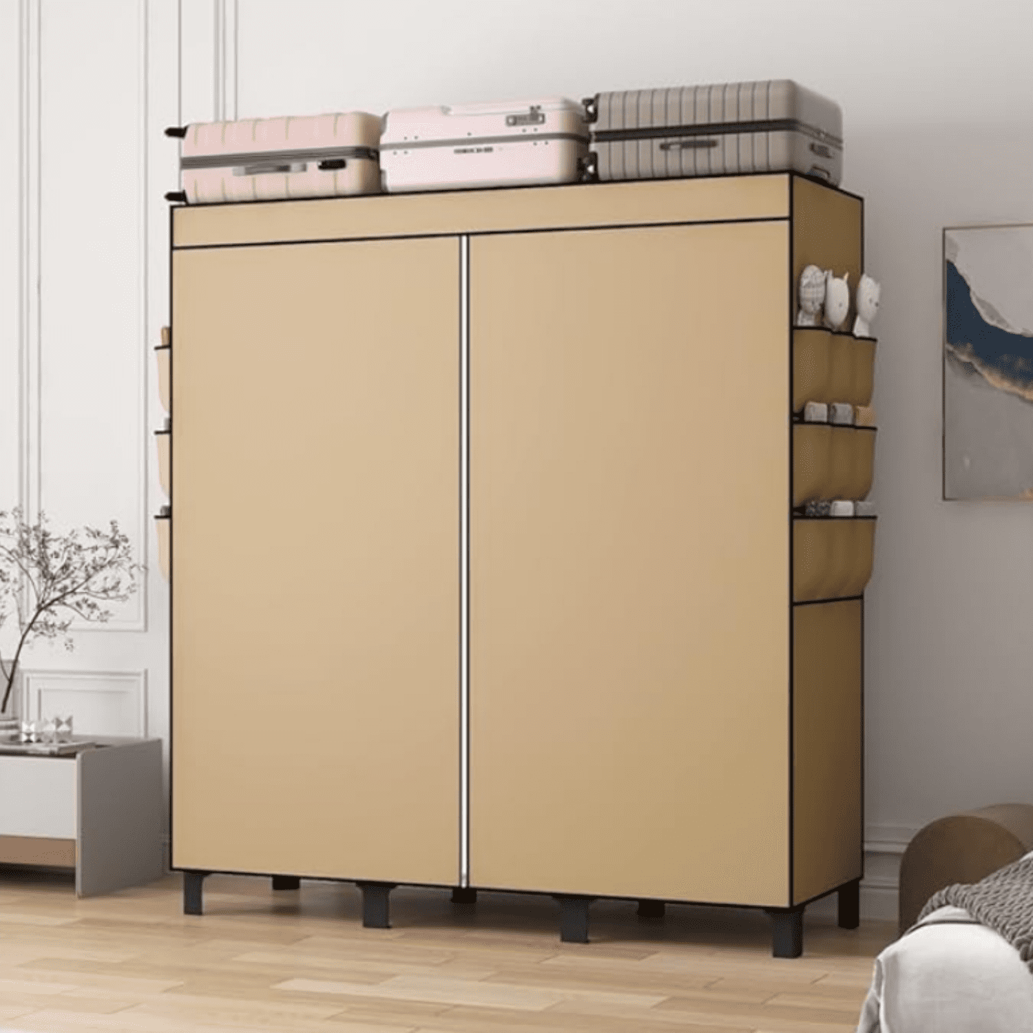 Clothes Storage Box, Simple Wardrobe for Hanging Clothes, Multiple Shelves and 3 booms,18 Side Pockets 51" W*17.7" D*67.7" H(Cream Colour)