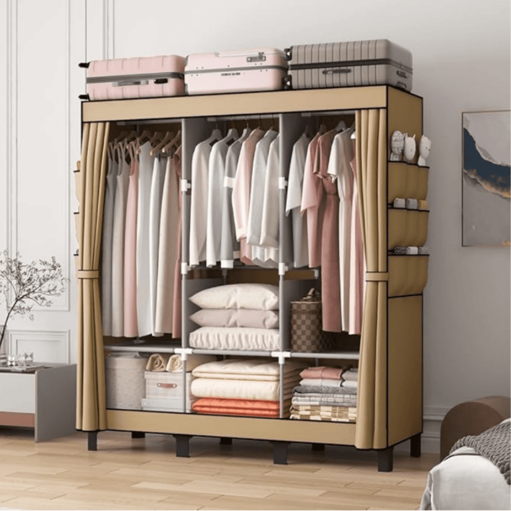Clothes Storage Box, Simple Wardrobe for Hanging Clothes, Multiple Shelves and 3 booms,18 Side Pockets 51" W*17.7" D*67.7" H(Cream Colour)