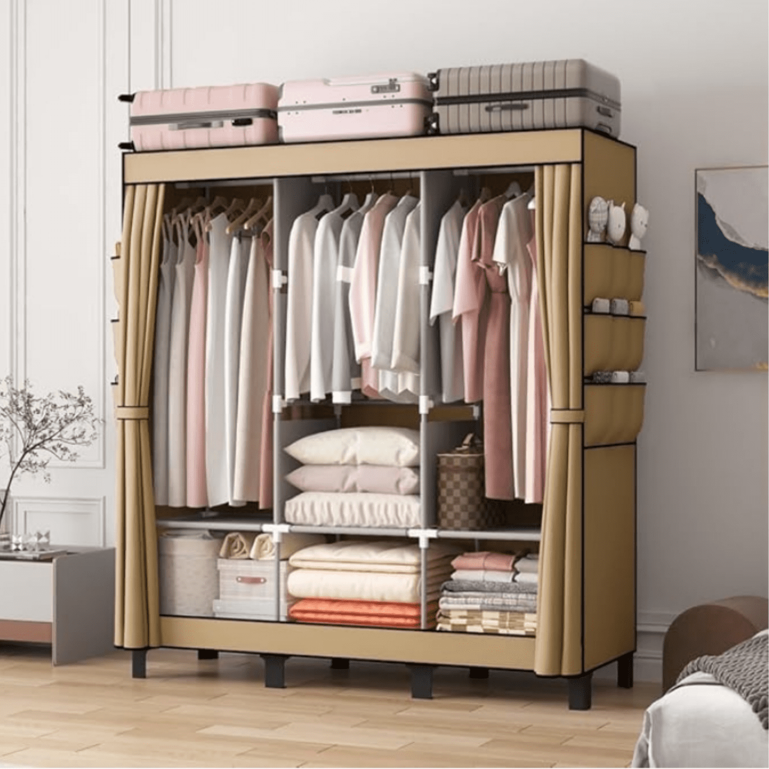 Clothes Storage Box, Simple Wardrobe for Hanging Clothes, Multiple Shelves and 3 booms,18 Side Pockets 51" W*17.7" D*67.7" H(Cream Colour)
