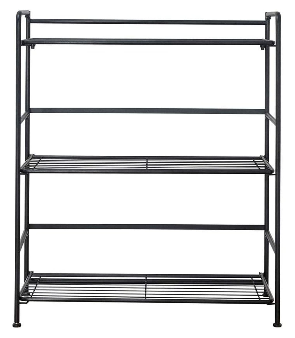 Folding Metal Bookcase - 3 Shelves, Black - Small Space Storage for Home, Office, Kitchen &amp; Bathroom - No Assembly Required - Wide Shelving Unit