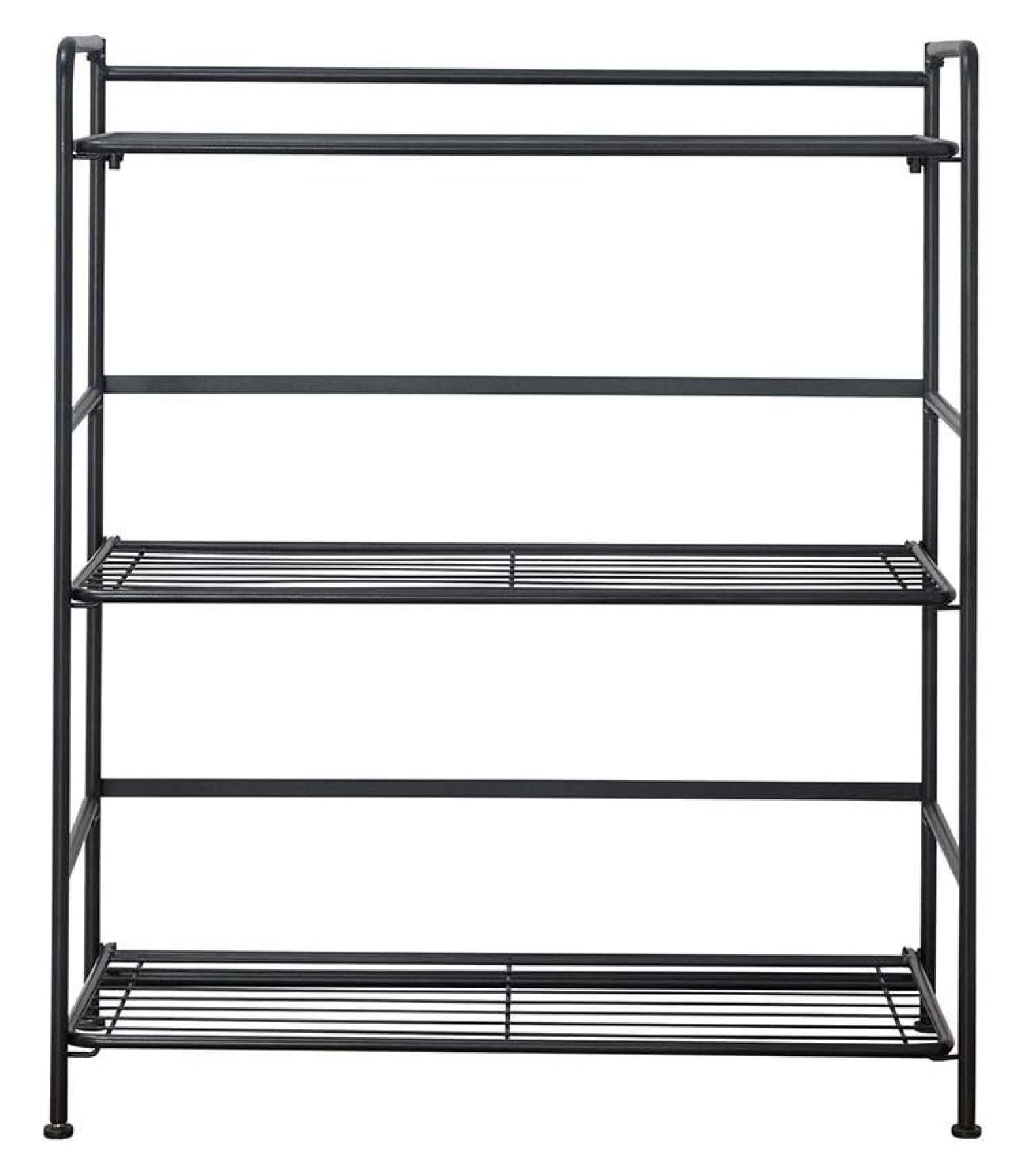 Folding Metal Bookcase - 3 Shelves, Black - Small Space Storage for Home, Office, Kitchen &amp; Bathroom - No Assembly Required - Wide Shelving Unit