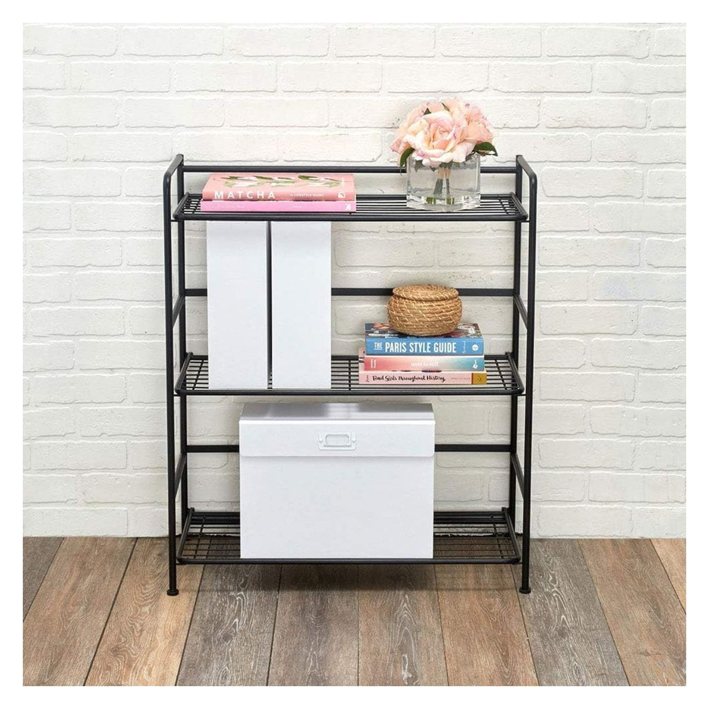 Folding Metal Bookcase - 3 Shelves, Black - Small Space Storage for Home, Office, Kitchen &amp; Bathroom - No Assembly Required - Wide Shelving Unit