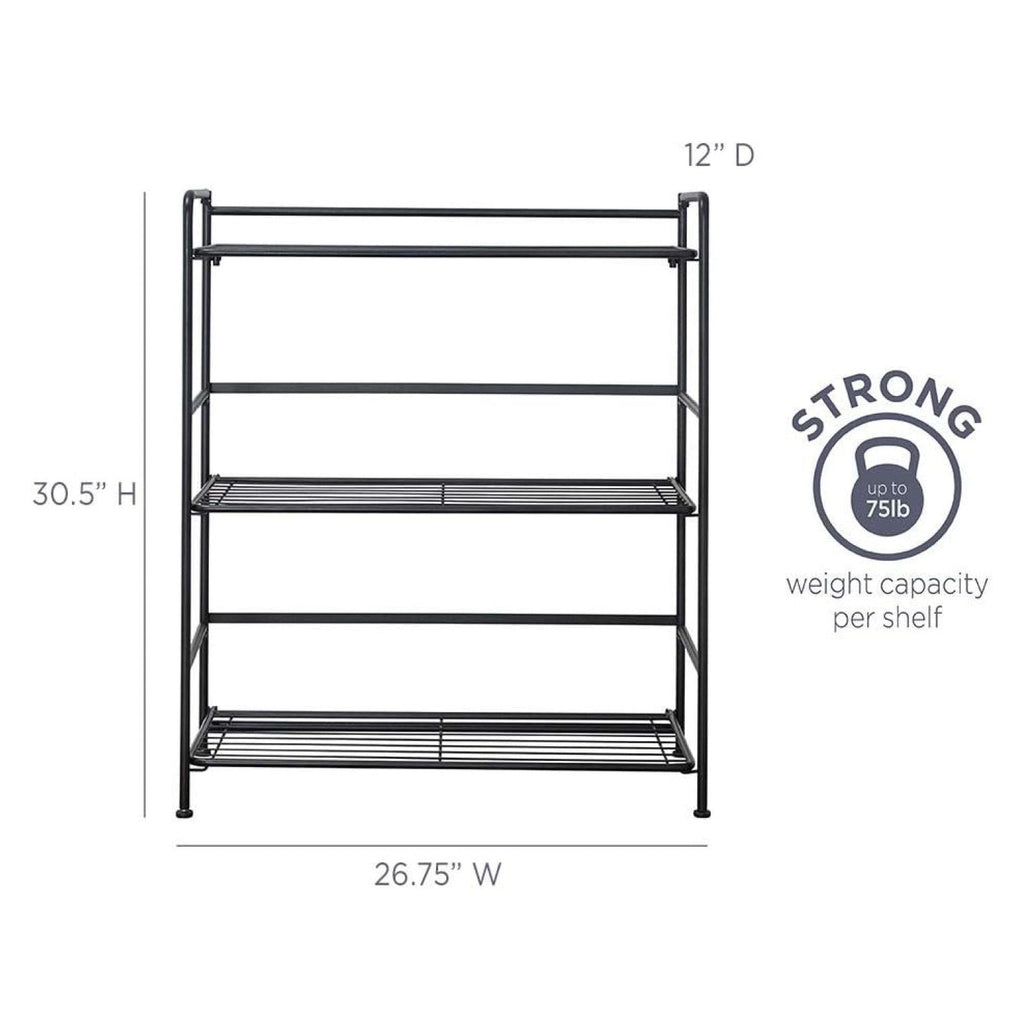 Folding Metal Bookcase - 3 Shelves, Black - Small Space Storage for Home, Office, Kitchen &amp; Bathroom - No Assembly Required - Wide Shelving Unit