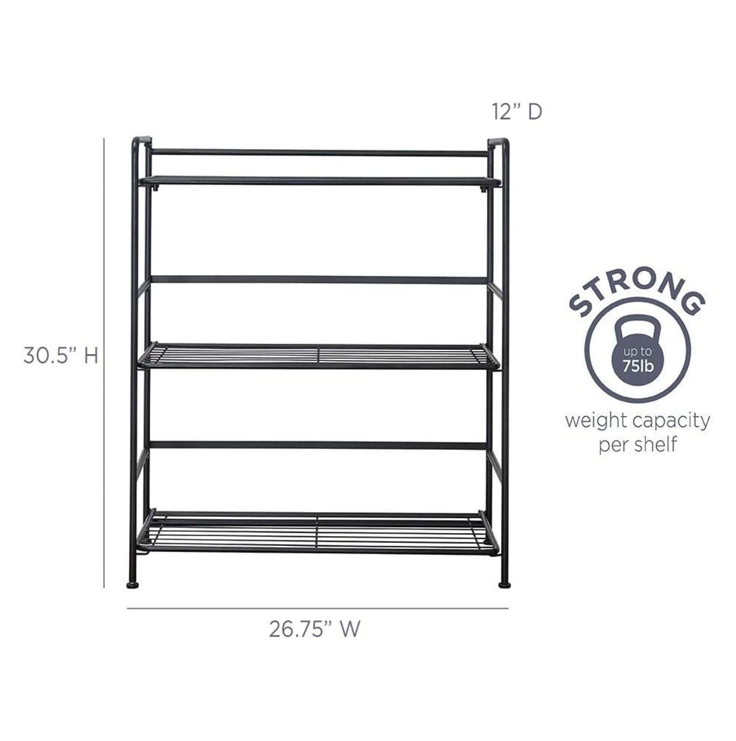 Folding Metal Bookcase - 3 Shelves, Black - Small Space Storage for Home, Office, Kitchen &amp; Bathroom - No Assembly Required - Wide Shelving Unit