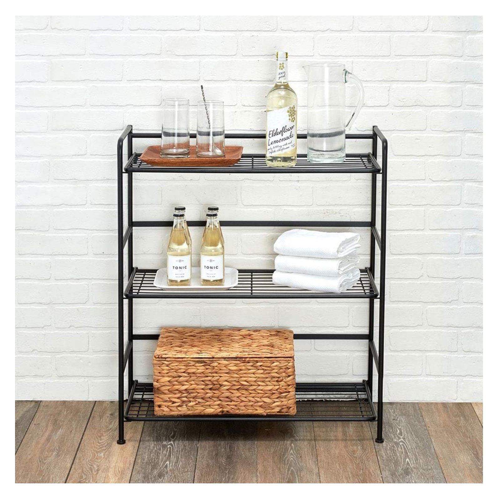 Folding Metal Bookcase - 3 Shelves, Black - Small Space Storage for Home, Office, Kitchen &amp; Bathroom - No Assembly Required - Wide Shelving Unit