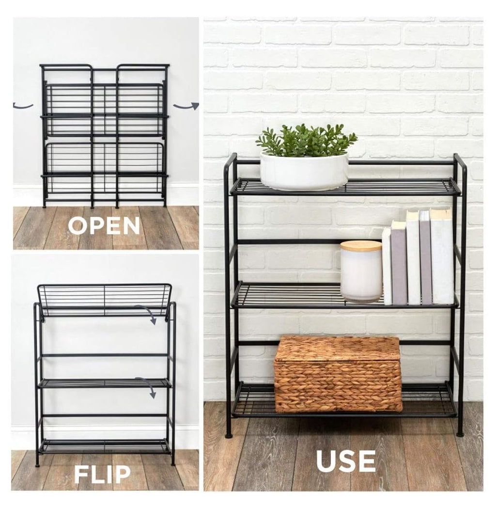 Folding Metal Bookcase - 3 Shelves, Black - Small Space Storage for Home, Office, Kitchen &amp; Bathroom - No Assembly Required - Wide Shelving Unit