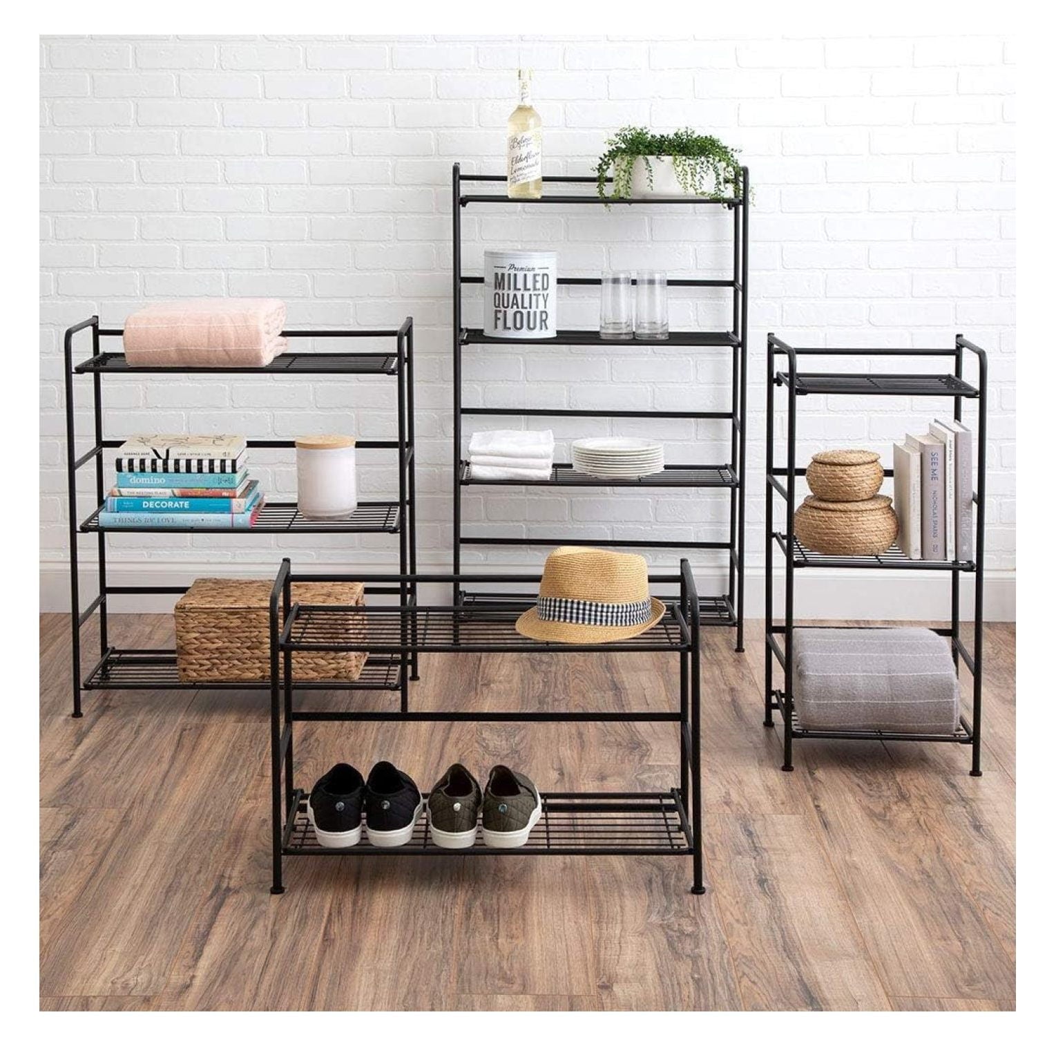 Folding Metal Bookcase - 3 Shelves, Black - Small Space Storage for Home, Office, Kitchen &amp; Bathroom - No Assembly Required - Wide Shelving Unit