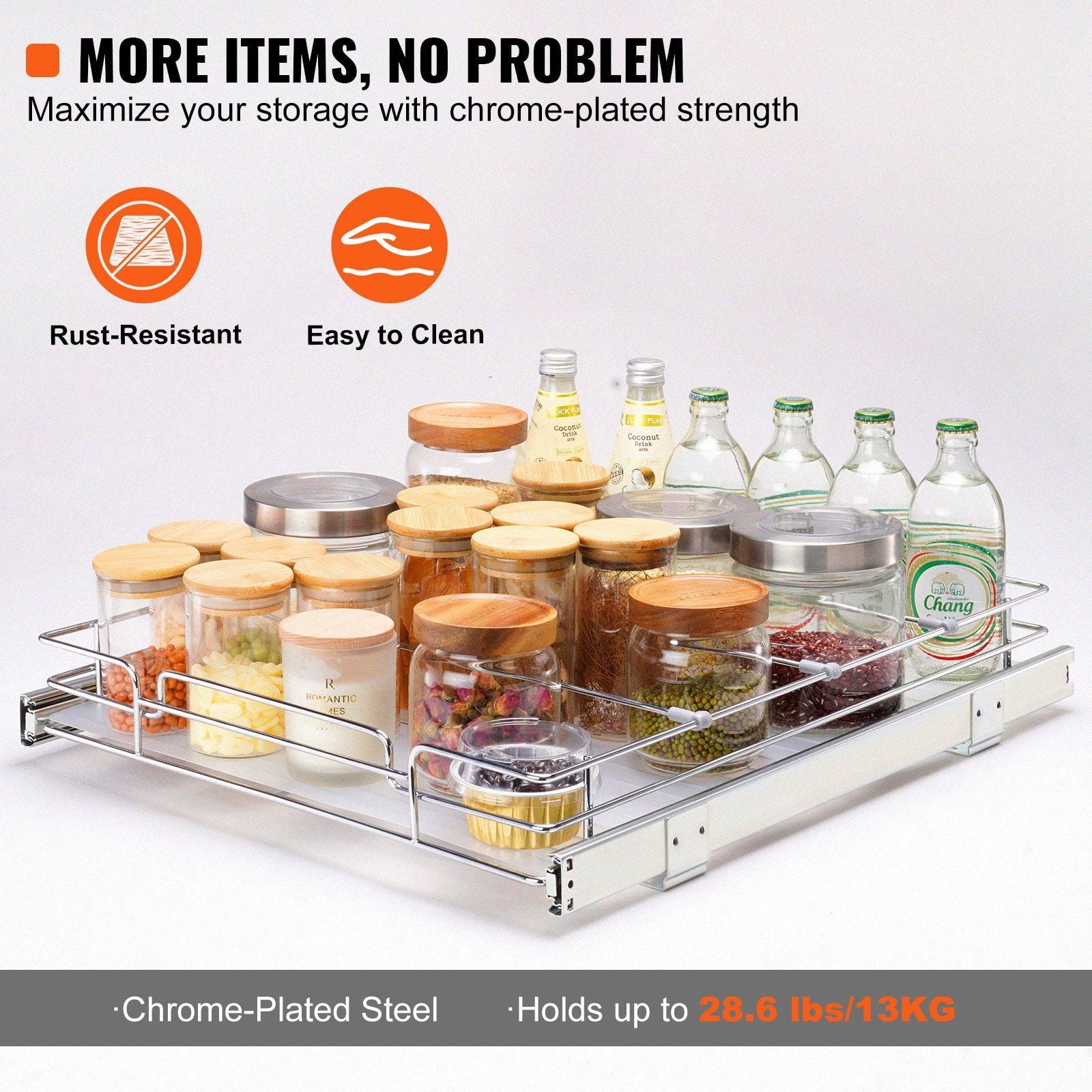 14"W x 21"D Pull Out Cabinet Organizer, Heavy Duty Sliding Shelves for Kitchen &amp; Bathroom, Chrome Steel Roll Out Drawers, Under Sink Storage