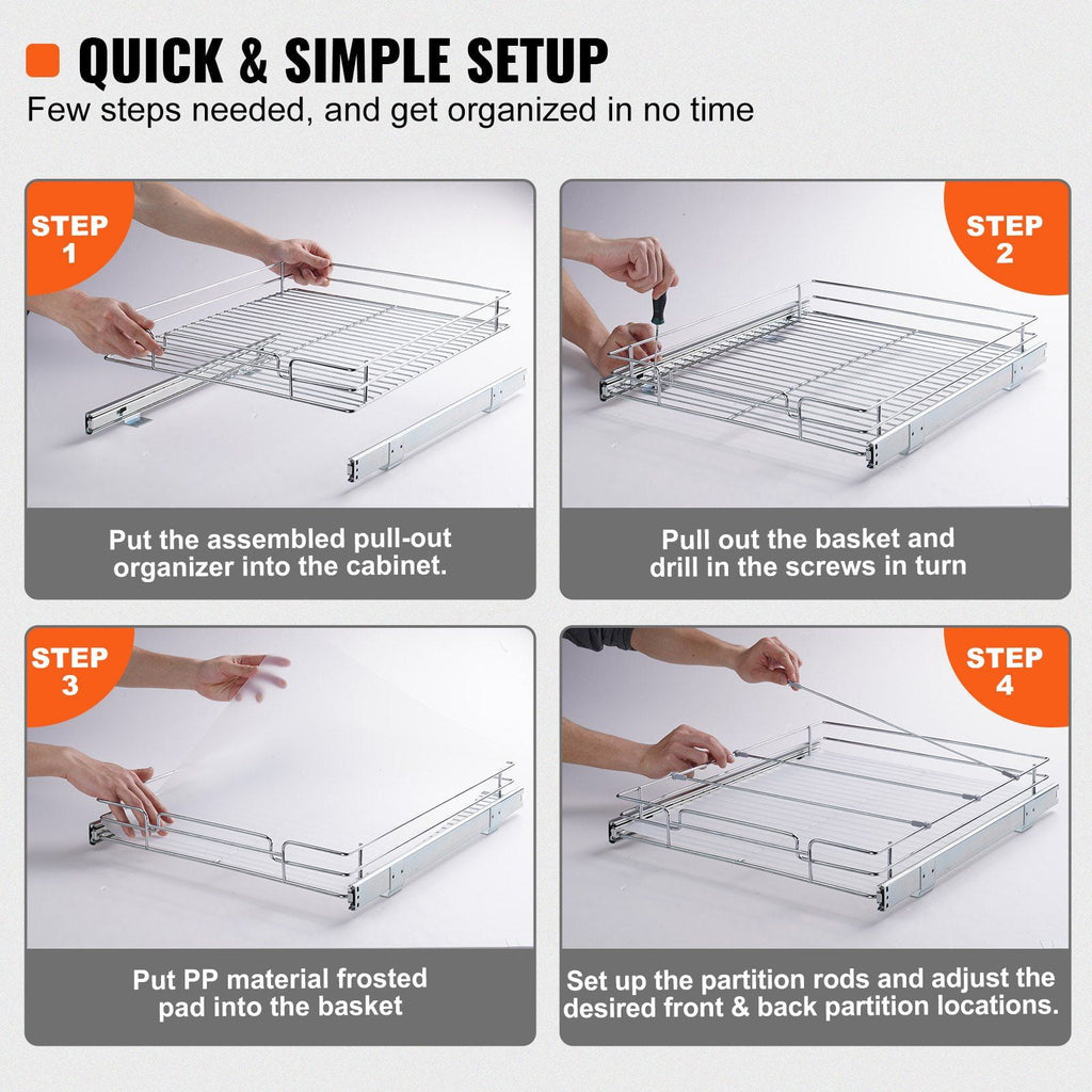 14"W x 21"D Pull Out Cabinet Organizer, Heavy Duty Sliding Shelves for Kitchen &amp; Bathroom, Chrome Steel Roll Out Drawers, Under Sink Storage