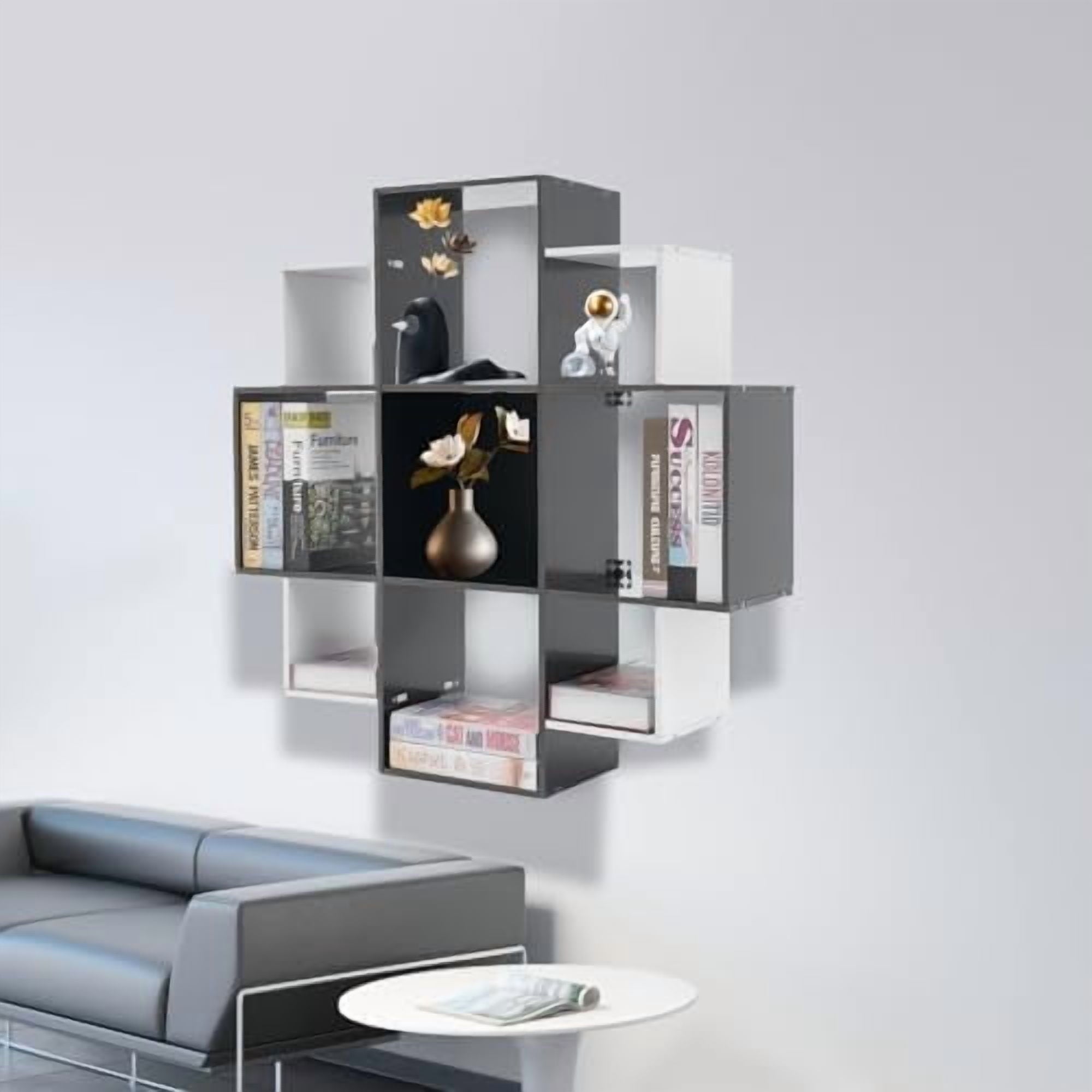 Bookcase Wall Mounted Book Shelf Modern 3-Tier Floating Shelf Bookcase with 9 Compartments, Floating Cube Shelves, for Study, Office, Kitchen, Bedroom, and Living Room (Red&amp;Black)
