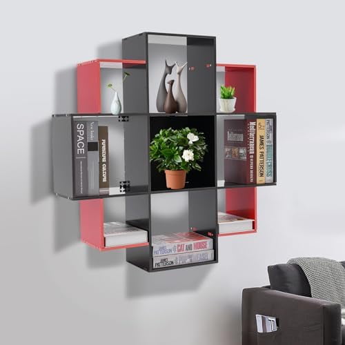 Bookcase Wall Mounted Book Shelf Modern 3-Tier Floating Shelf Bookcase with 9 Compartments, Floating Cube Shelves, for Study, Office, Kitchen, Bedroom, and Living Room (Red&amp;Black)