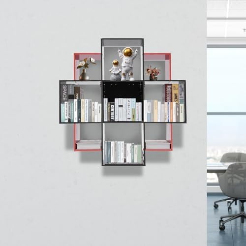 Bookcase Wall Mounted Book Shelf Modern 3-Tier Floating Shelf Bookcase with 9 Compartments, Floating Cube Shelves, for Study, Office, Kitchen, Bedroom, and Living Room (Red&amp;Black)