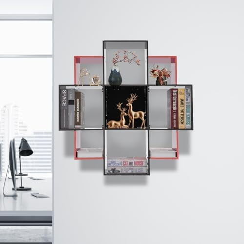 Bookcase Wall Mounted Book Shelf Modern 3-Tier Floating Shelf Bookcase with 9 Compartments, Floating Cube Shelves, for Study, Office, Kitchen, Bedroom, and Living Room (Red&amp;Black)