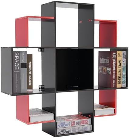 Bookcase Wall Mounted Book Shelf Modern 3-Tier Floating Shelf Bookcase with 9 Compartments, Floating Cube Shelves, for Study, Office, Kitchen, Bedroom, and Living Room (Red&amp;Black)