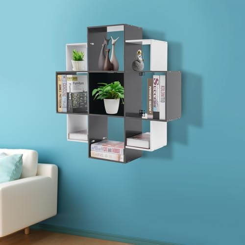 Bookcase Wall Mounted Book Shelf Modern 3-Tier Floating Shelf Bookcase with 9 Compartments, Floating Cube Shelves, for Study, Office, Kitchen, Bedroom, and Living Room (Red&amp;Black)