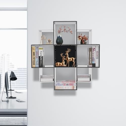 Bookcase Wall Mounted Book Shelf Modern 3-Tier Floating Shelf Bookcase with 9 Compartments, Floating Cube Shelves, for Study, Office, Kitchen, Bedroom, and Living Room (Red&amp;Black)
