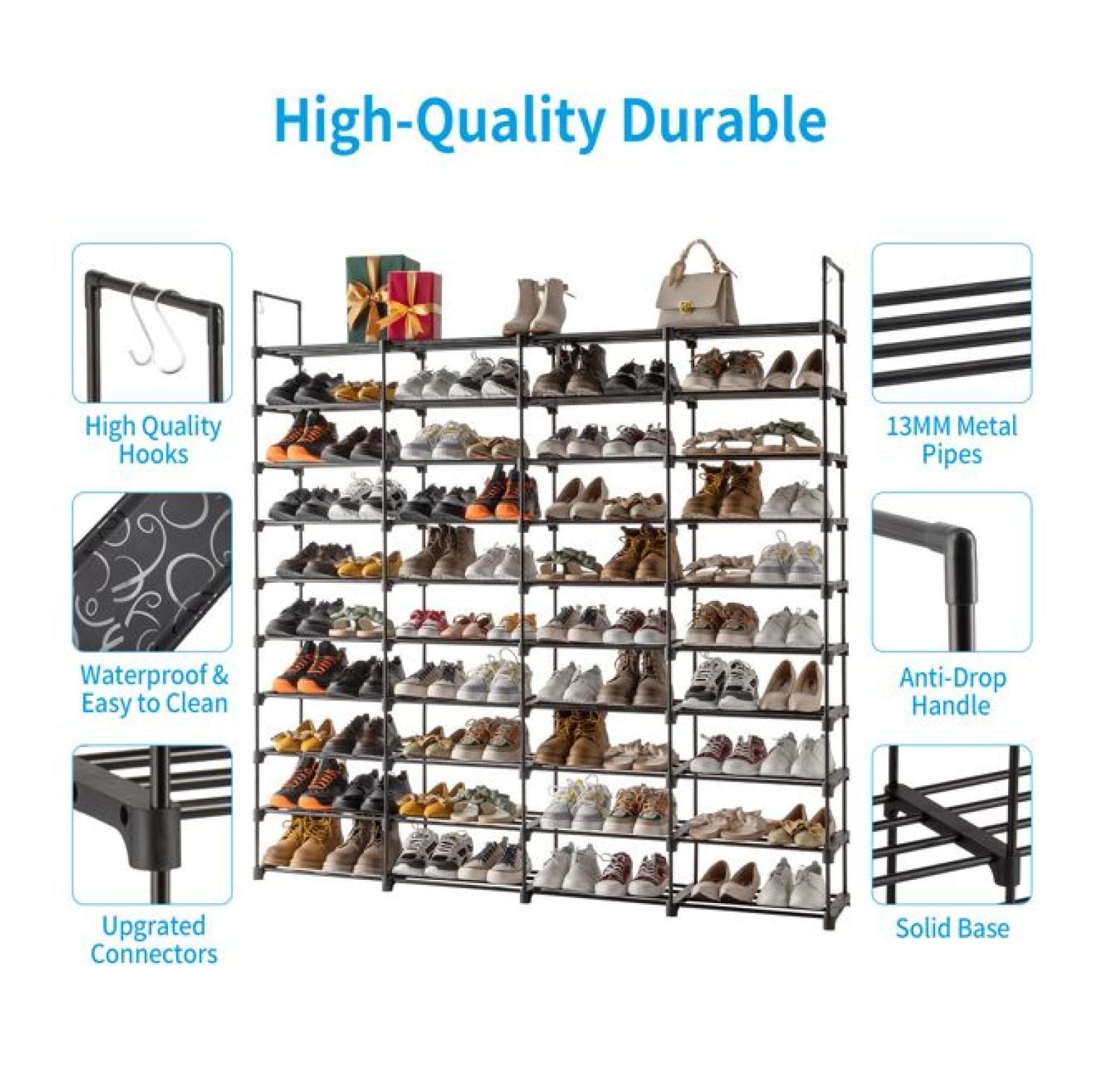 Shoe Rack 10 Tier - 80 Pair Shoe Organizer for Entryway, Stackable Shoe Cabinet, Space Saving Shoe Shelf for Men &amp; Women, Durable Metal &amp; Plastic Construction