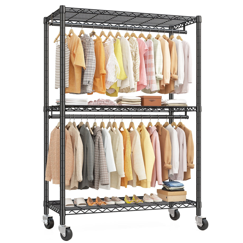 Heavy Duty Clothes Rack with Wheels, Portable Closet with 3 Shelves &amp; 2 Hanging Rods, Max Load 500LBS, Black