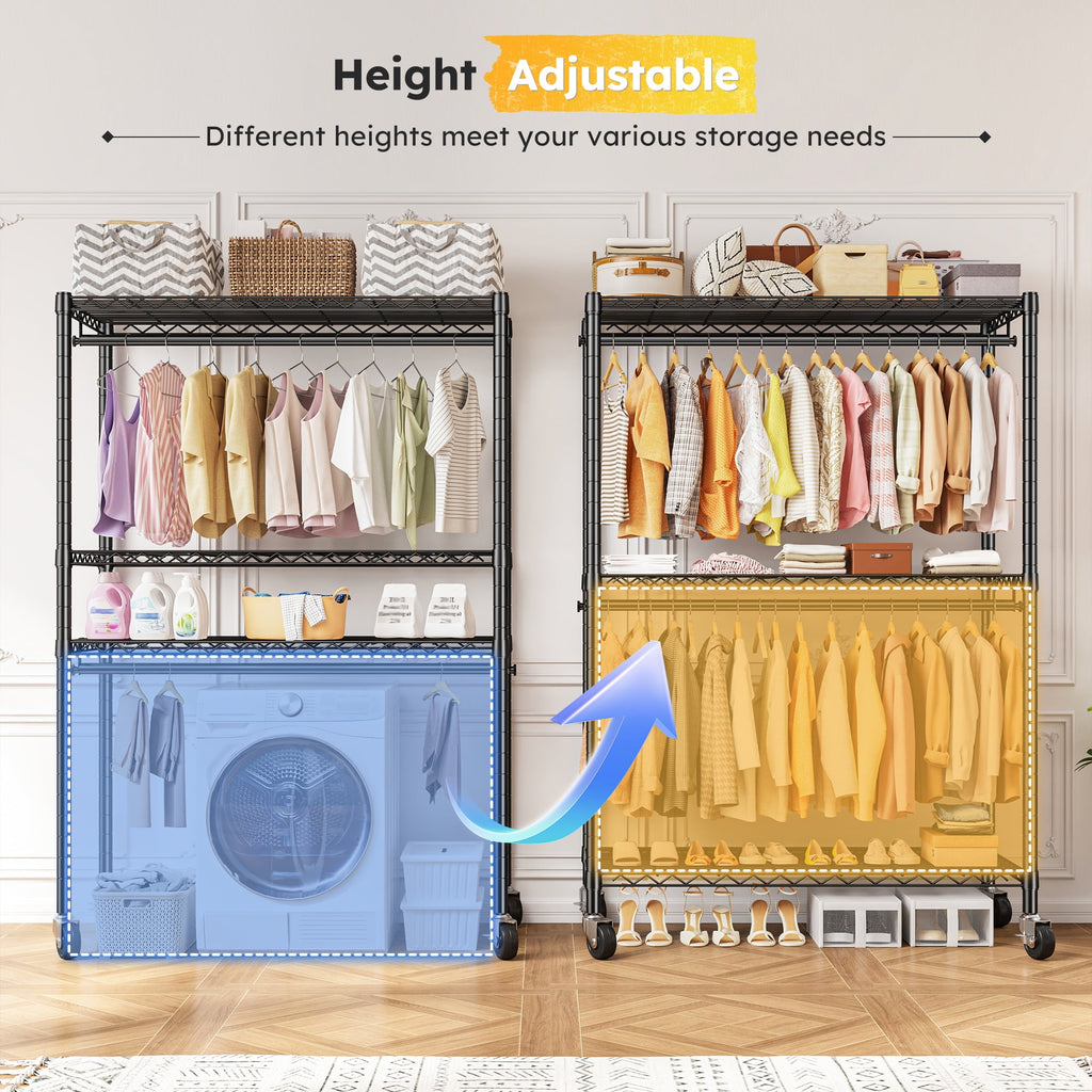 Heavy Duty Clothes Rack with Wheels, Portable Closet with 3 Shelves &amp; 2 Hanging Rods, Max Load 500LBS, Black