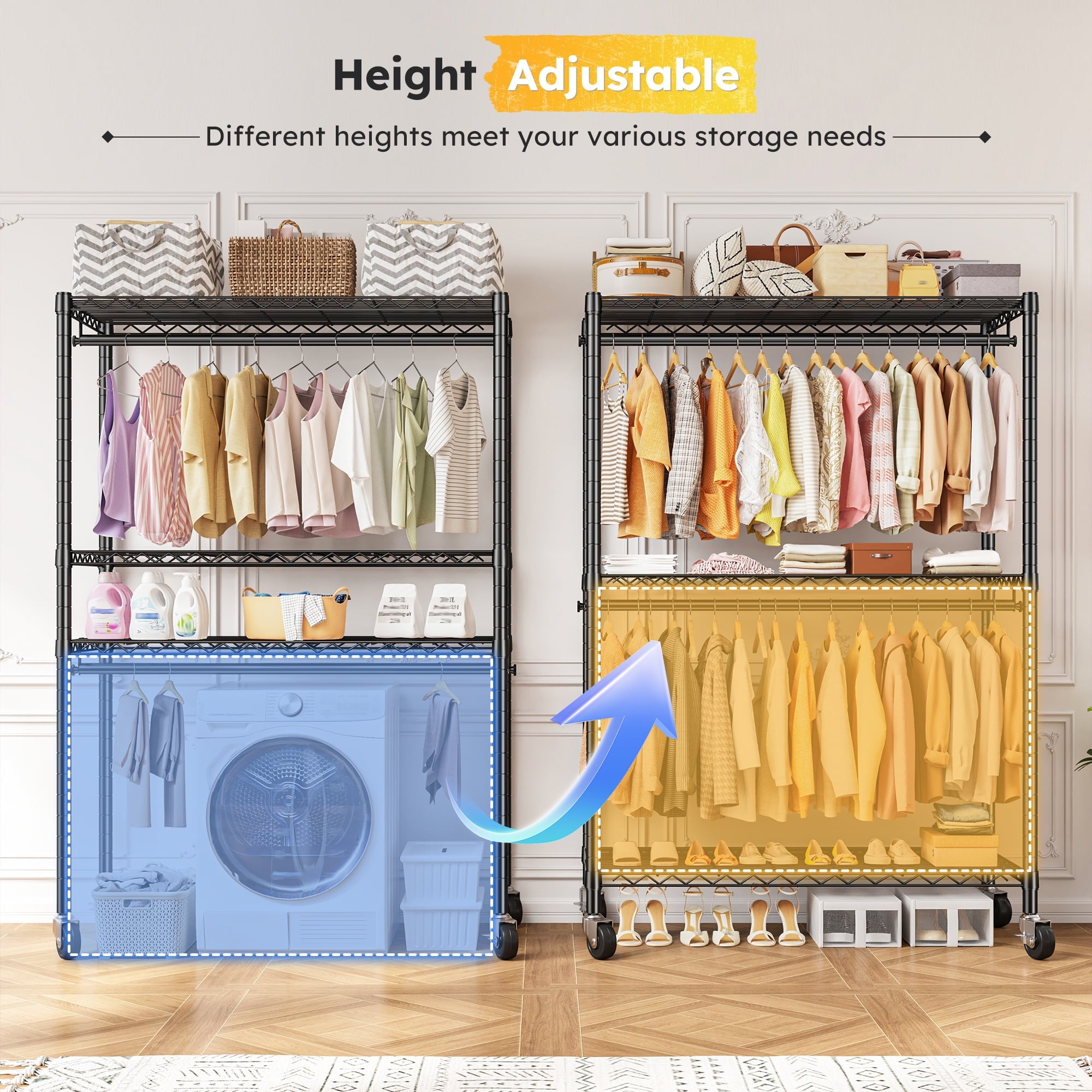 Heavy Duty Clothes Rack with Wheels, Portable Closet with 3 Shelves &amp; 2 Hanging Rods, Max Load 500LBS, Black
