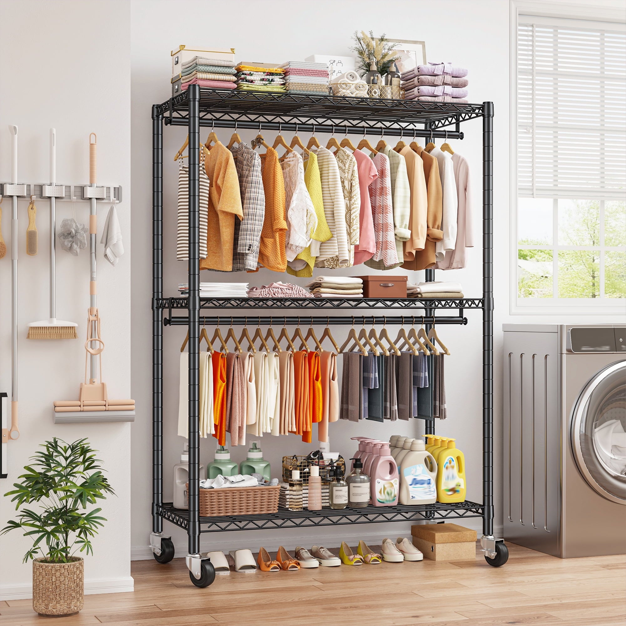 Heavy Duty Clothes Rack with Wheels, Portable Closet with 3 Shelves &amp; 2 Hanging Rods, Max Load 500LBS, Black