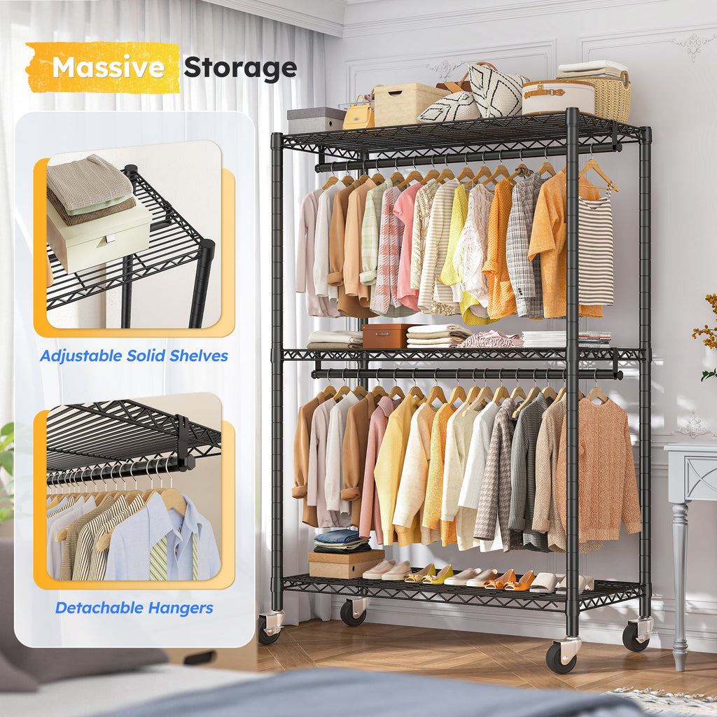 Heavy Duty Clothes Rack with Wheels, Portable Closet with 3 Shelves &amp; 2 Hanging Rods, Max Load 500LBS, Black