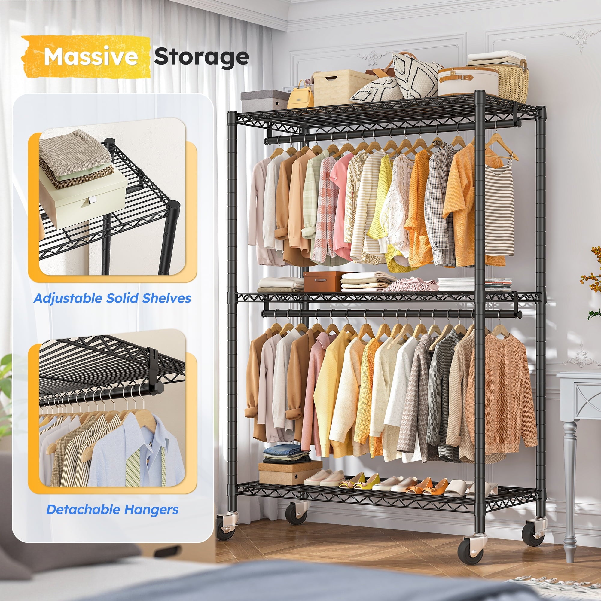 Heavy Duty Clothes Rack with Wheels, Portable Closet with 3 Shelves &amp; 2 Hanging Rods, Max Load 500LBS, Black