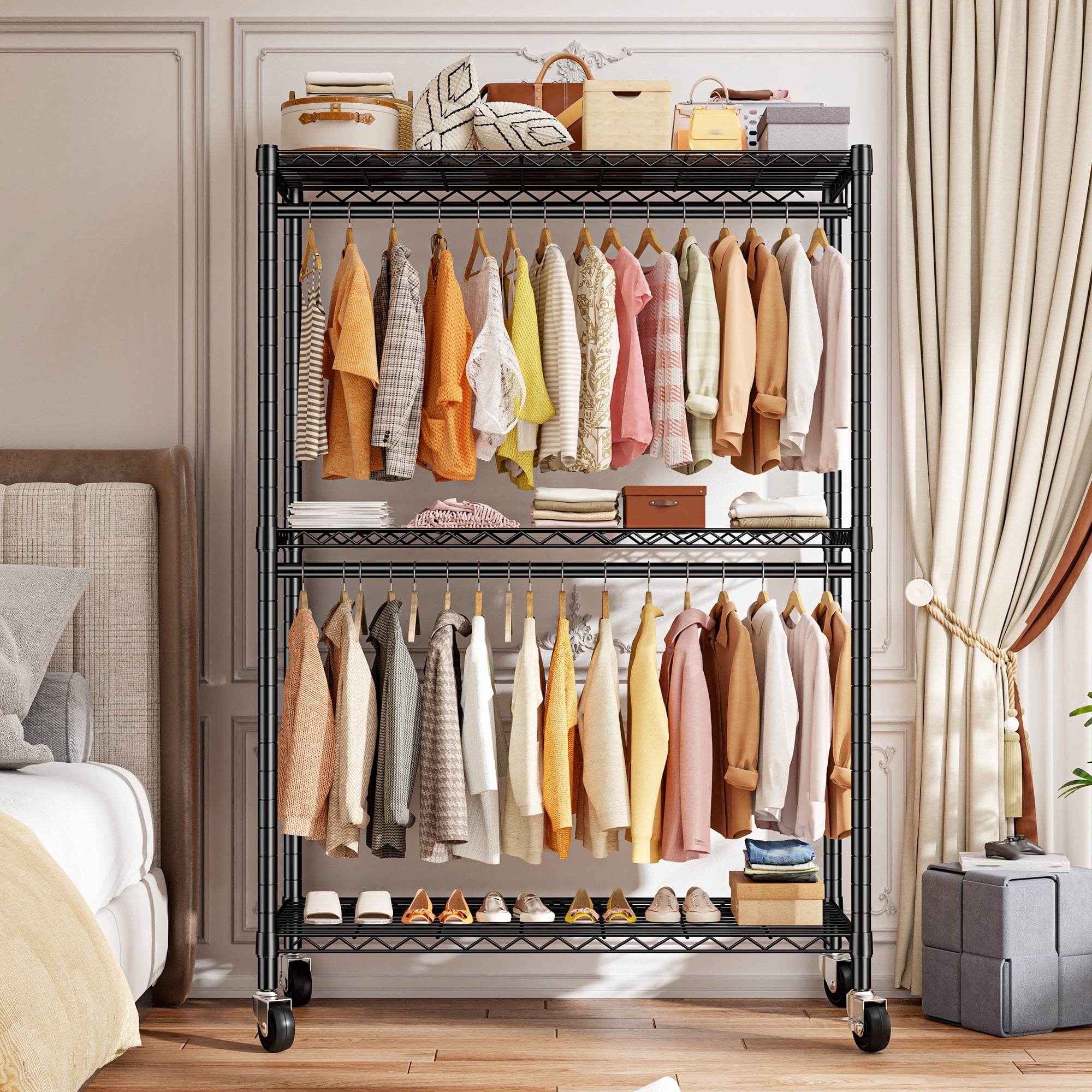 Heavy Duty Clothes Rack with Wheels, Portable Closet with 3 Shelves &amp; 2 Hanging Rods, Max Load 500LBS, Black