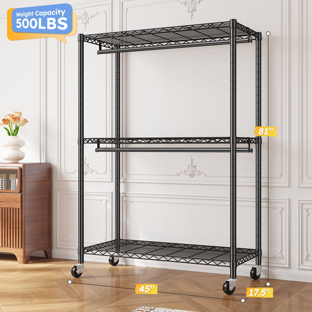 Heavy Duty Clothes Rack with Wheels, Portable Closet with 3 Shelves &amp; 2 Hanging Rods, Max Load 500LBS, Black