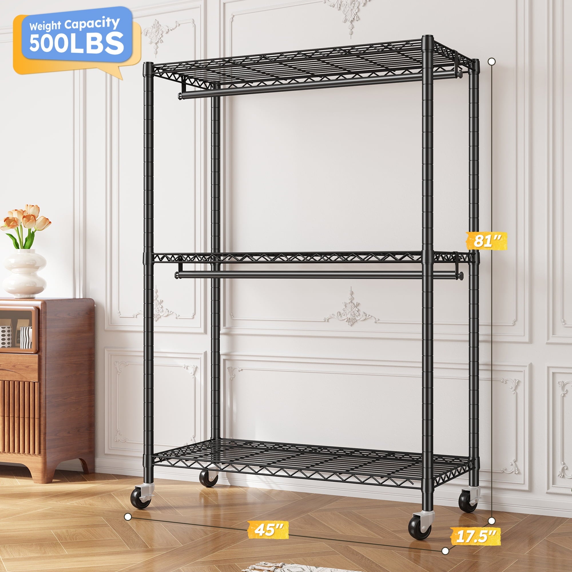 Heavy Duty Clothes Rack with Wheels, Portable Closet with 3 Shelves &amp; 2 Hanging Rods, Max Load 500LBS, Black