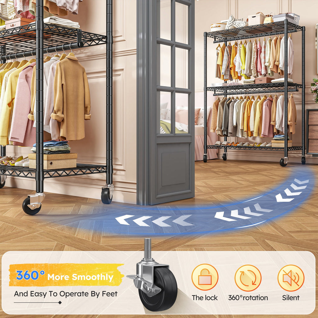 Heavy Duty Clothes Rack with Wheels, Portable Closet with 3 Shelves &amp; 2 Hanging Rods, Max Load 500LBS, Black