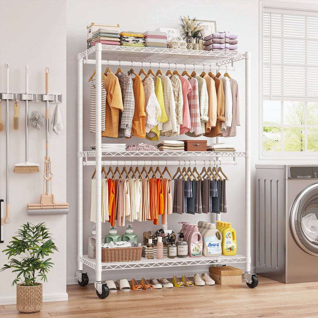 Heavy Duty Clothes Rack with Wheels, Portable Closet with 3 Shelves &amp; 2 Hanging Rods, Max Load 500LBS, Black