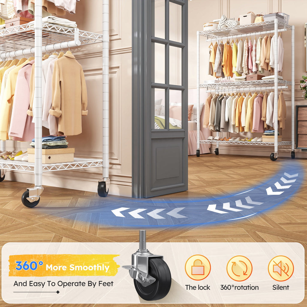 Heavy Duty Clothes Rack with Wheels, Portable Closet with 3 Shelves &amp; 2 Hanging Rods, Max Load 500LBS, Black