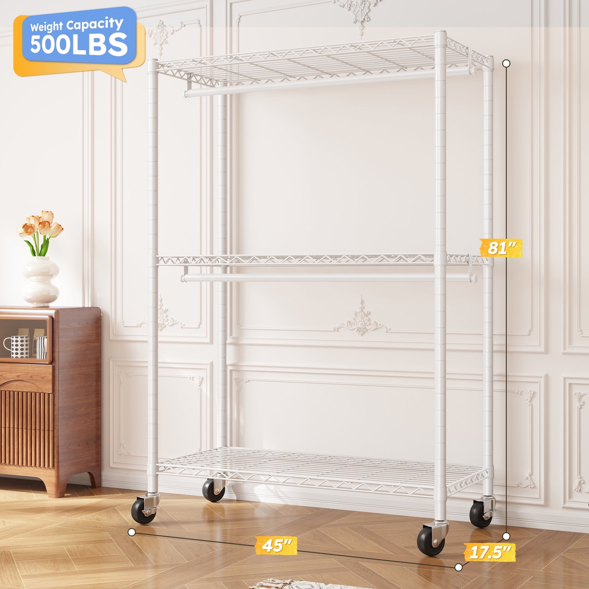 Heavy Duty Clothes Rack with Wheels, Portable Closet with 3 Shelves &amp; 2 Hanging Rods, Max Load 500LBS, Black