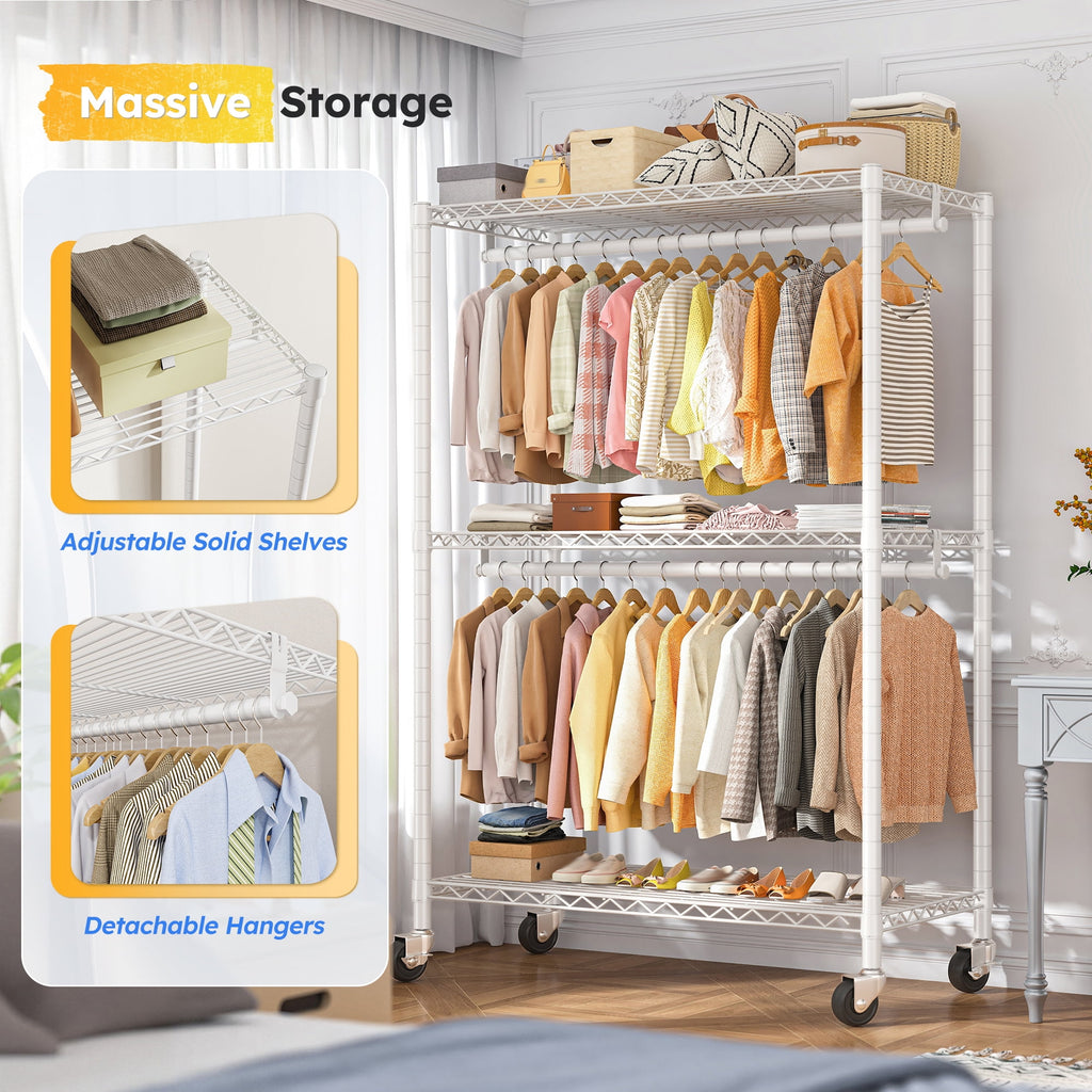 Heavy Duty Clothes Rack with Wheels, Portable Closet with 3 Shelves &amp; 2 Hanging Rods, Max Load 500LBS, Black