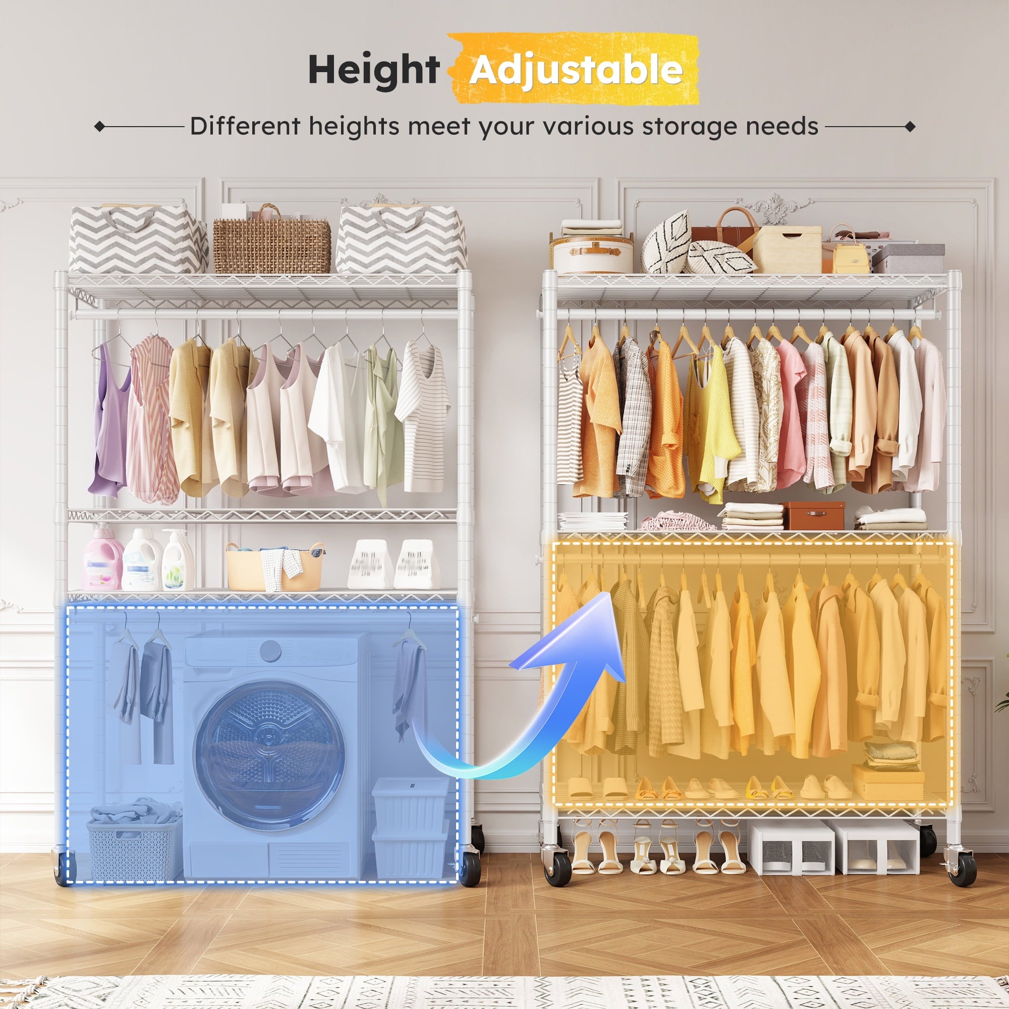 Heavy Duty Clothes Rack with Wheels, Portable Closet with 3 Shelves &amp; 2 Hanging Rods, Max Load 500LBS, Black