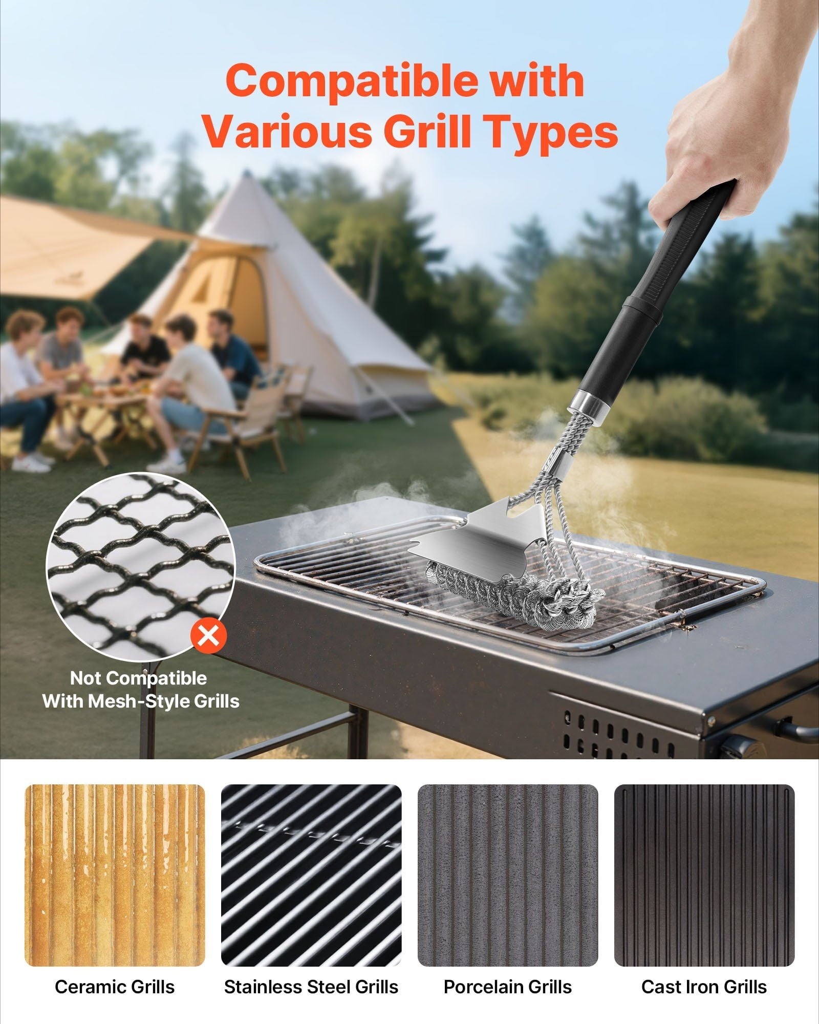 Stainless Steel BBQ Grill Brush &amp; Scraper - 17" Bristle-Free Grill Cleaner - Heavy Duty Grill Cleaning Tool for Gas, Charcoal &amp; Pellet Grills - Safe, Non-Scratch Surface Cleaning